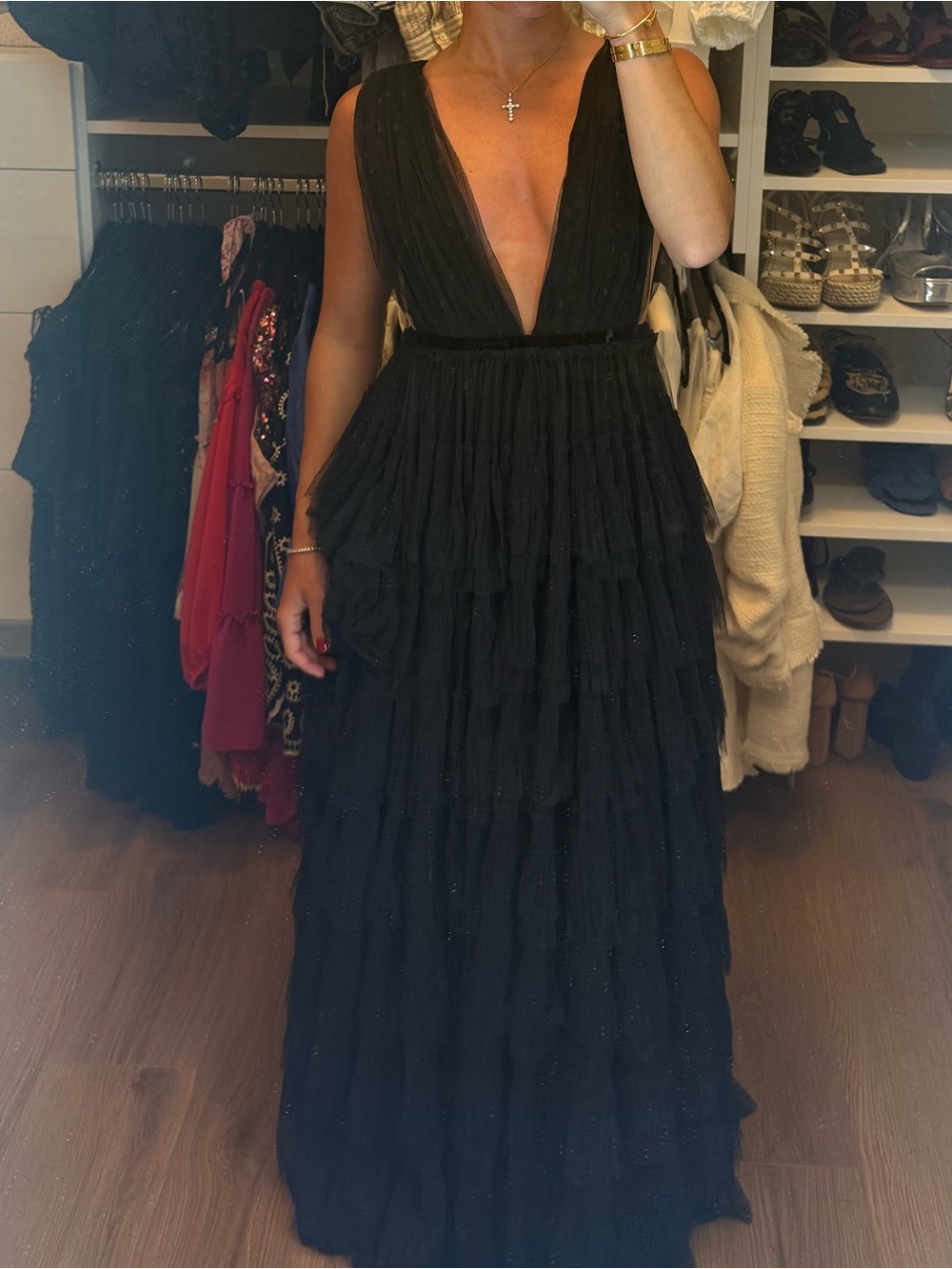 Elegant Black Maxi Tulle Gown with Plunging V-Neck